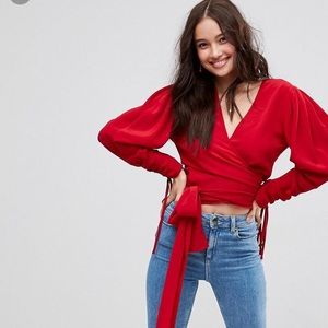ASOS red wrap crop top w/ obi tie NWT